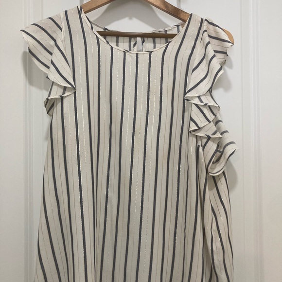 Tahari Ivory and Navy Striped Ruffle Blouse - Picture 1 of 3
